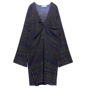 ZARA Metallic Knit Tunic Thread Knit Kaftan Dress Blue Black XL NWT